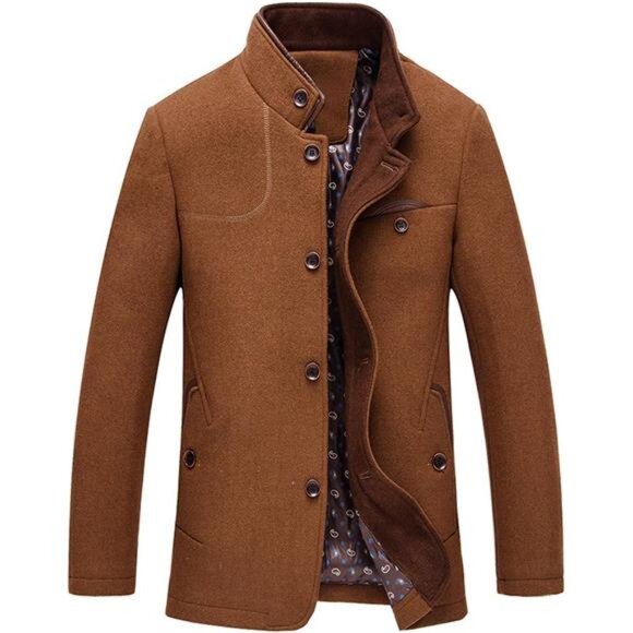 Men's Gentle Band Collar Single Breasted Coat Camel Brown - Picture 1 of 6